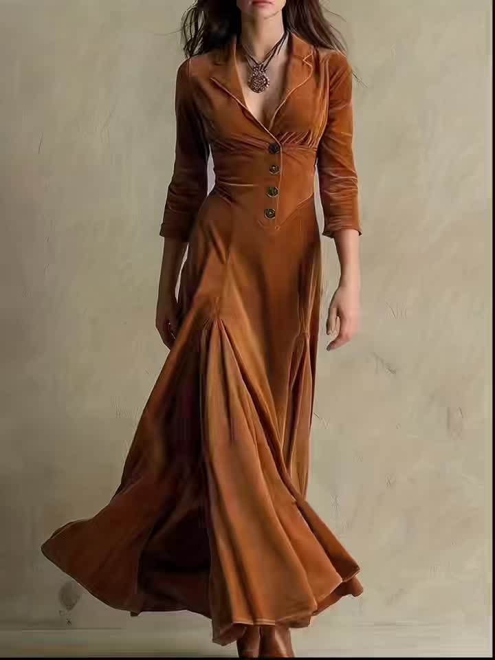 Odette - Elegant Button-Front Collar Dress With 7/8 Sleeve