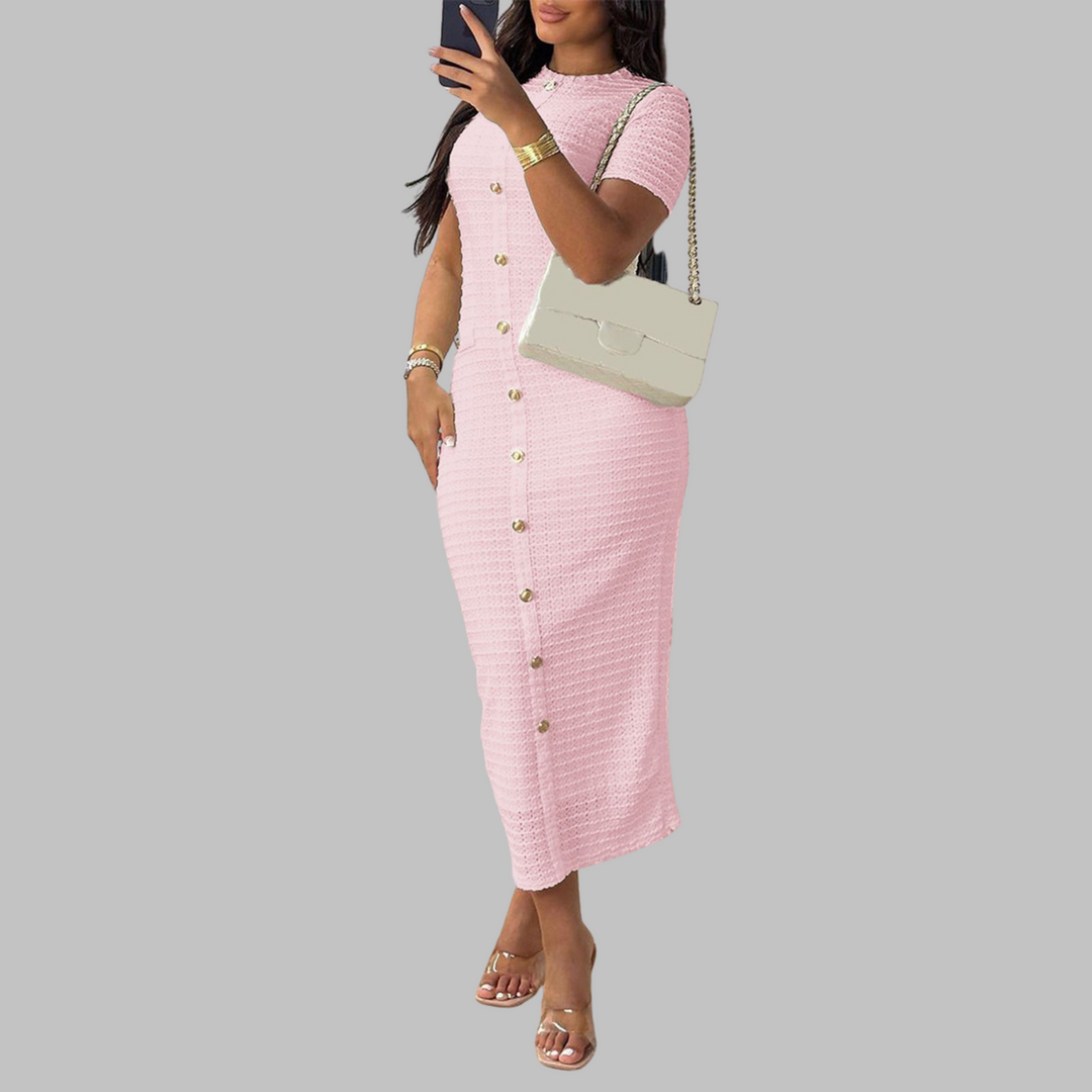 Lenora - Elegant Round Neck Fake Button Dress