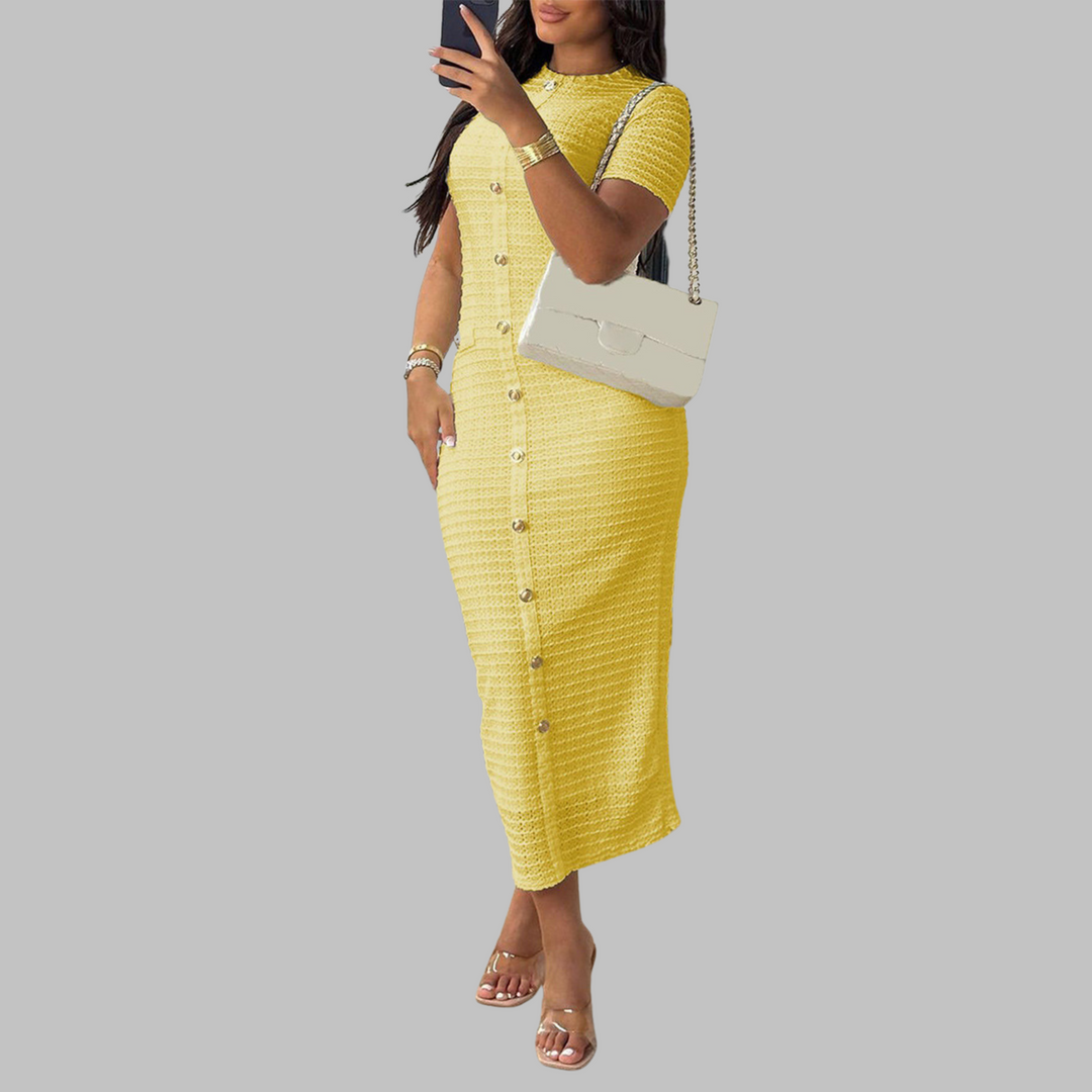 Lenora - Elegant Round Neck Fake Button Dress