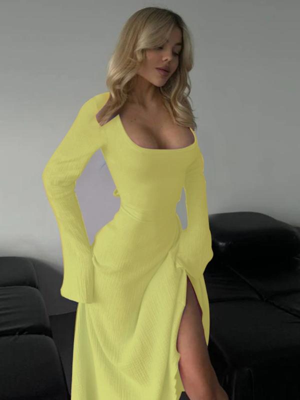 Lotte - Lace-Up Tie Back Flounce Sleeve A-Line Long Dress