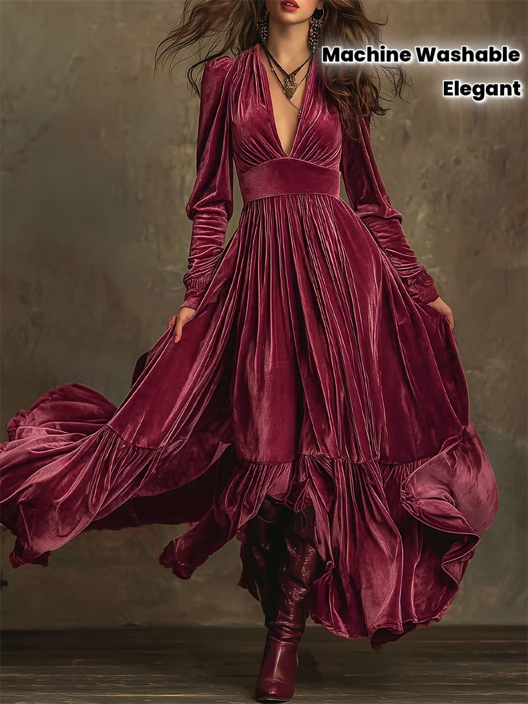 Mave - Retro Oversized Skirt Long Dress With Deep V-Neck