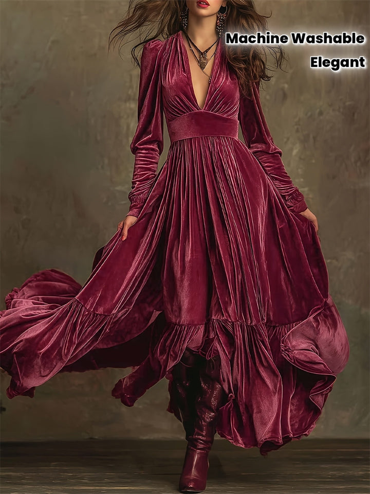 Mave - Retro Oversized Skirt Long Dress With Deep V-Neck