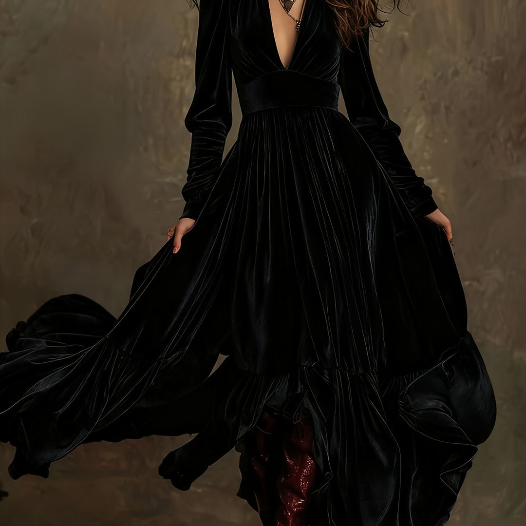 Mave - Retro Oversized Skirt Long Dress With Deep V-Neck