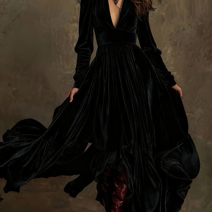 Mave - Retro Oversized Skirt Long Dress With Deep V-Neck