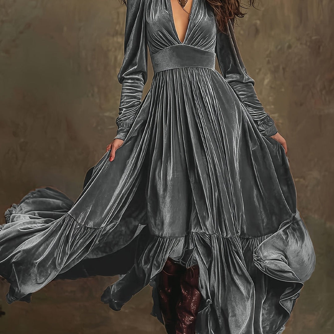 Mave - Retro Oversized Skirt Long Dress With Deep V-Neck