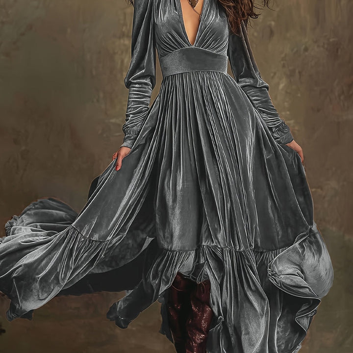 Mave - Retro Oversized Skirt Long Dress With Deep V-Neck