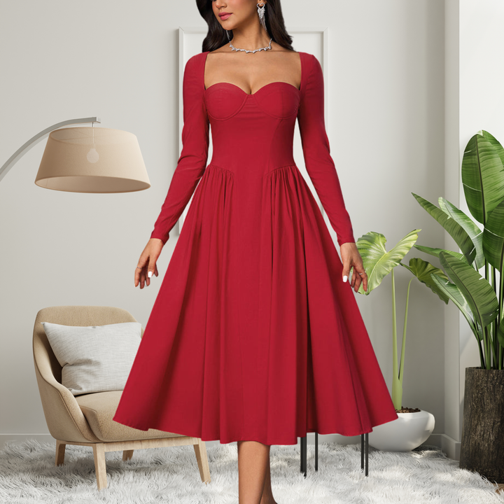 Giselle - Elegant Heart Neckline Long Sleeve A-Line Maxi Dress