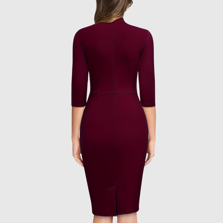 Anna - Three-Quarter Sleeve Sheath Tie-Neck Elegant Dress