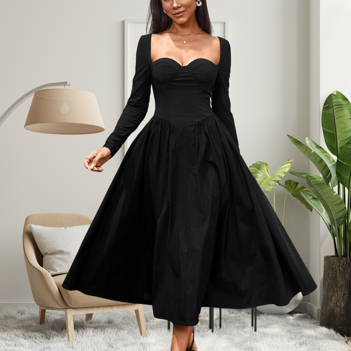 Giselle - Elegant Heart Neckline Long Sleeve A-Line Maxi Dress