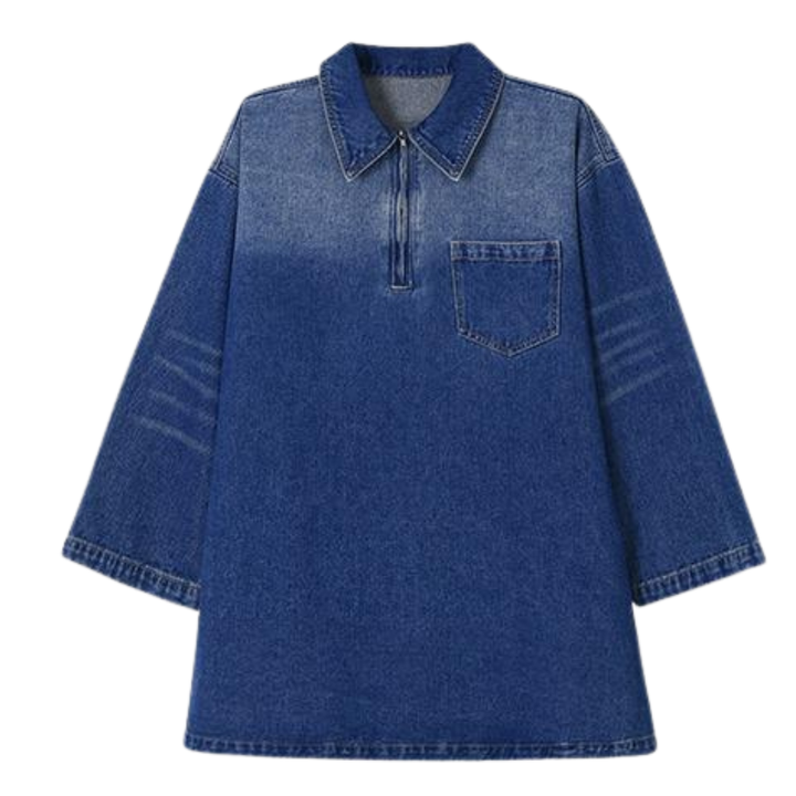 Emilia - Loose Fit Denim Dress With Half-Zip Collared Neck