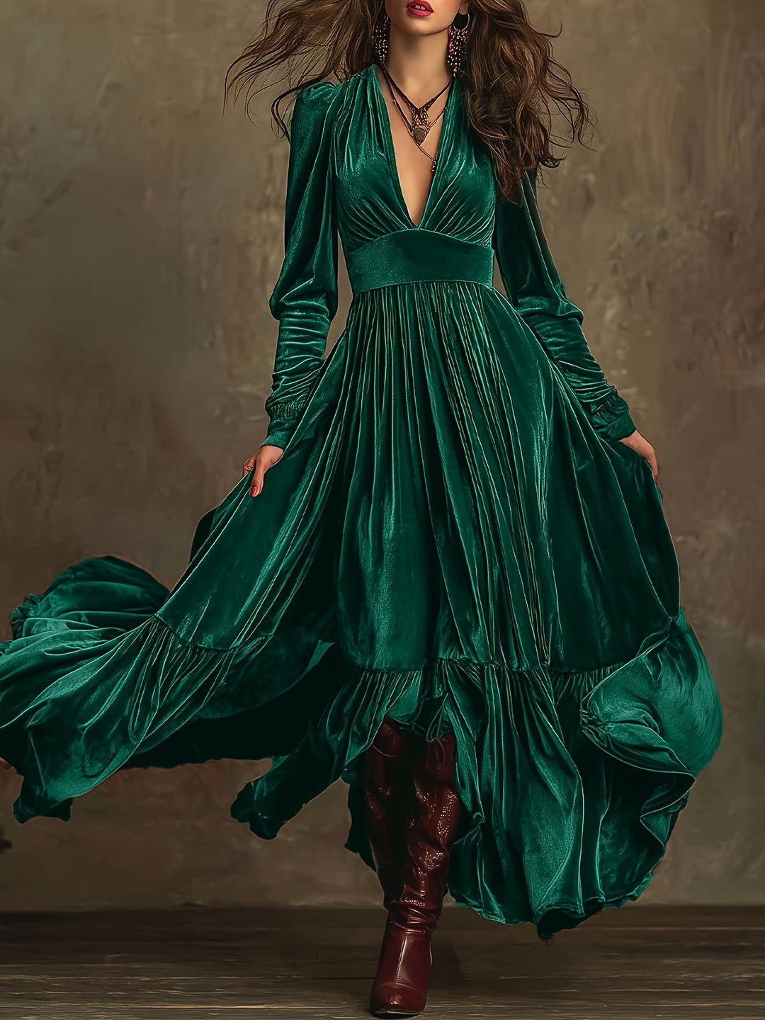 Mave - Retro Oversized Skirt Long Dress With Deep V-Neck