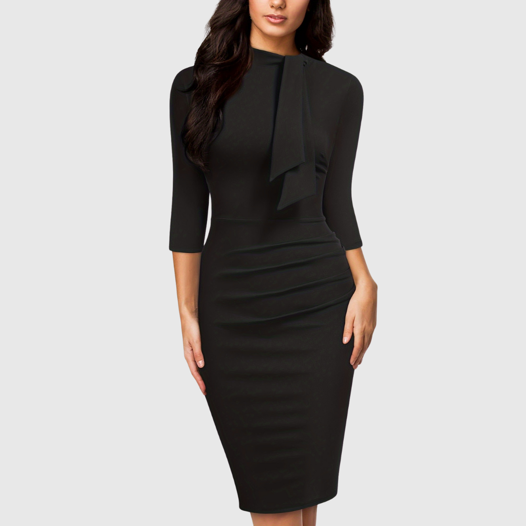 Anna - Three-Quarter Sleeve Sheath Tie-Neck Elegant Dress