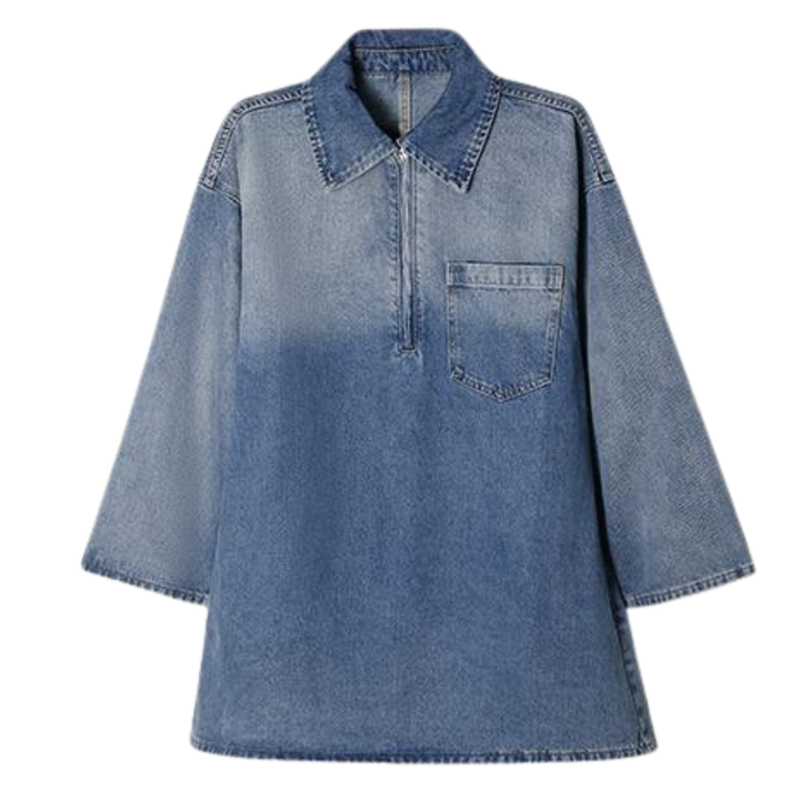 Emilia - Loose Fit Denim Dress With Half-Zip Collared Neck