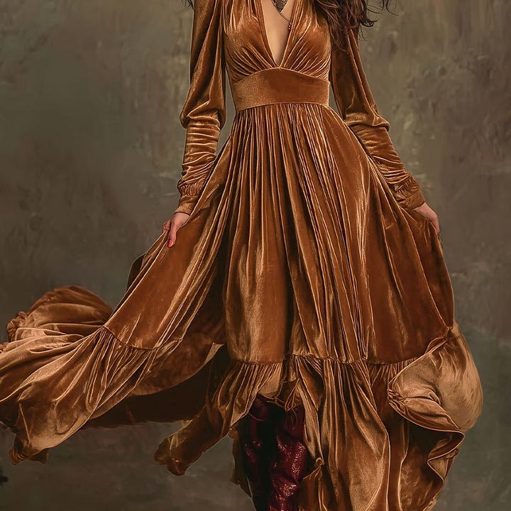 Mave - Retro Oversized Skirt Long Dress With Deep V-Neck