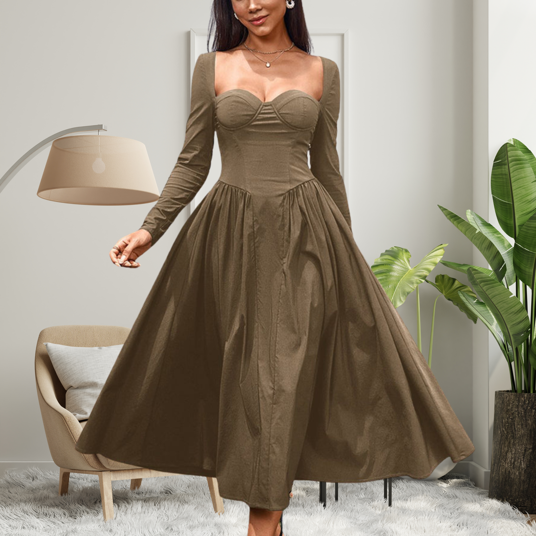 Giselle - Elegant Heart Neckline Long Sleeve A-Line Maxi Dress