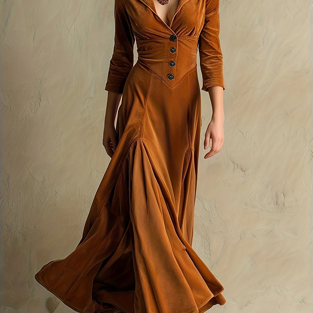 Odette - Elegant Button-Front Collar Dress With 7/8 Sleeve