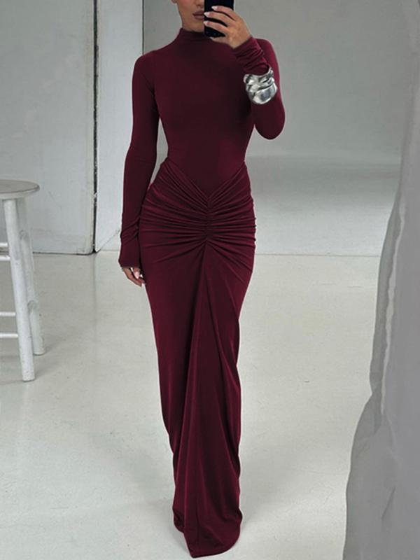 Augusta - Classy Ruched Long Sleeve Mock Bodycon Maxi Dress