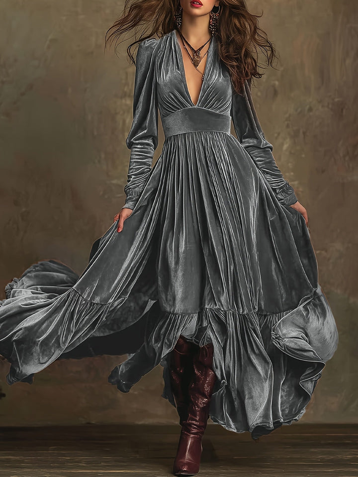 Mave - Retro Oversized Skirt Long Dress With Deep V-Neck