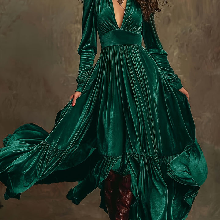 Mave - Retro Oversized Skirt Long Dress With Deep V-Neck