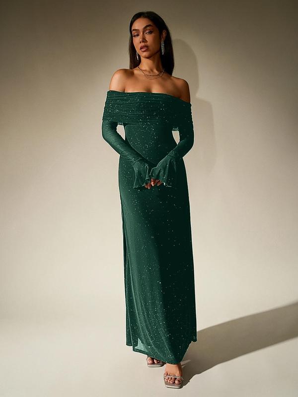 Audrey - Off Shoulder Ruched Sequin Bodycon Evening Gown