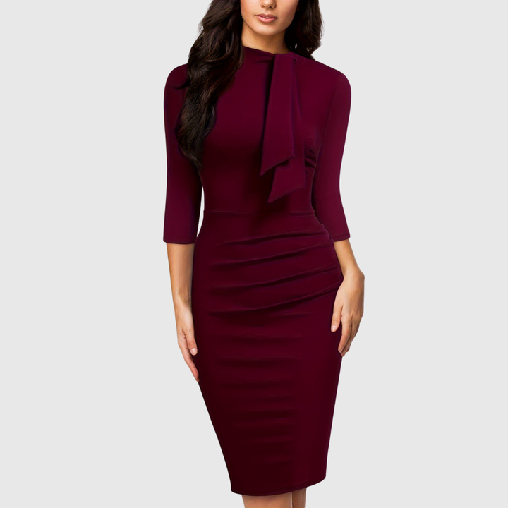 Anna - Three-Quarter Sleeve Sheath Tie-Neck Elegant Dress