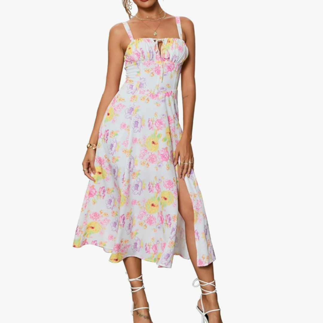 ARIELLOU™ – Elegant Lace-Up Square Neck Midi Dress