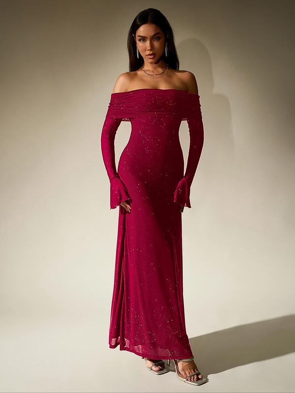 Audrey - Off Shoulder Ruched Sequin Bodycon Evening Gown
