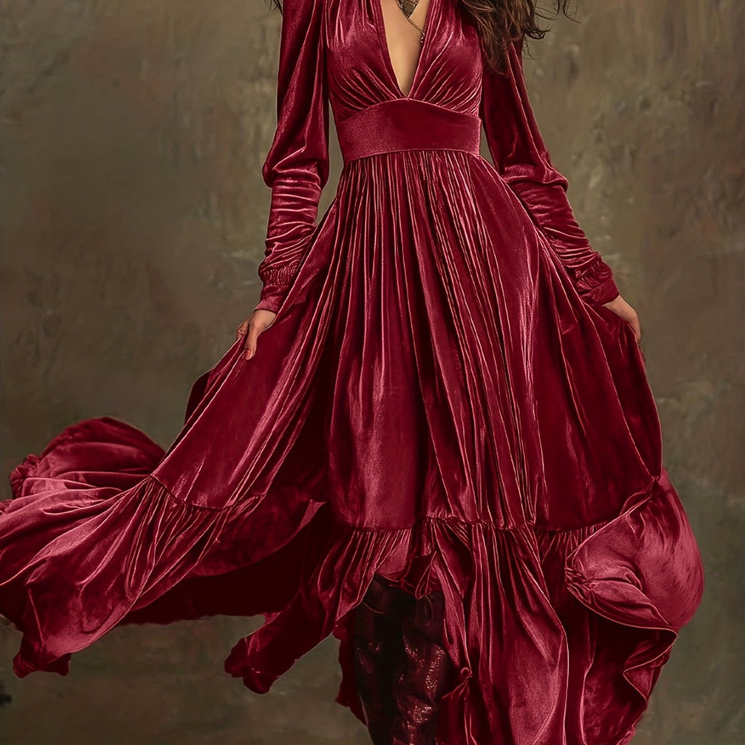 Mave - Retro Oversized Skirt Long Dress With Deep V-Neck