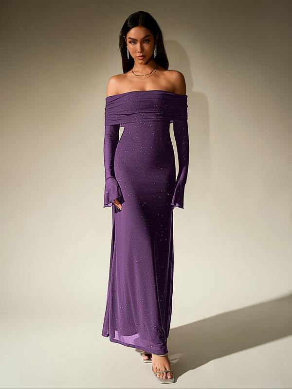 Audrey - Off Shoulder Ruched Sequin Bodycon Evening Gown