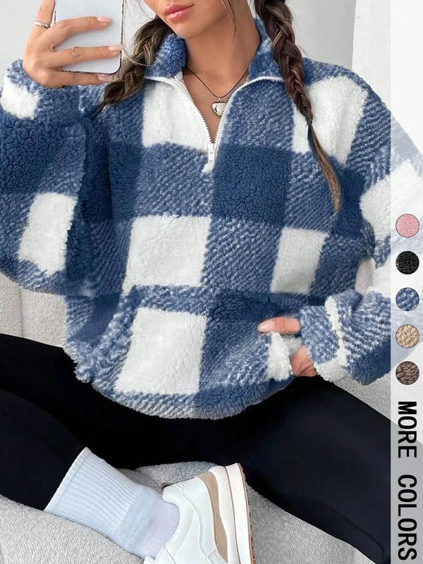 SAVANNAH™ - Stylish Plaid Print Half Zip Sweatshirt Casual Long Sleeve