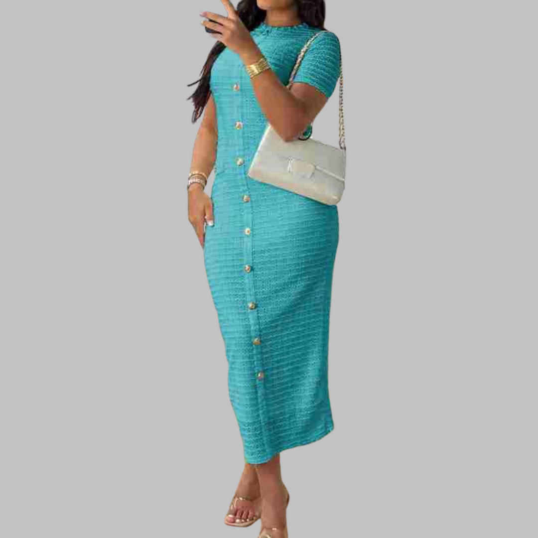 Lenora - Elegant Round Neck Fake Button Dress