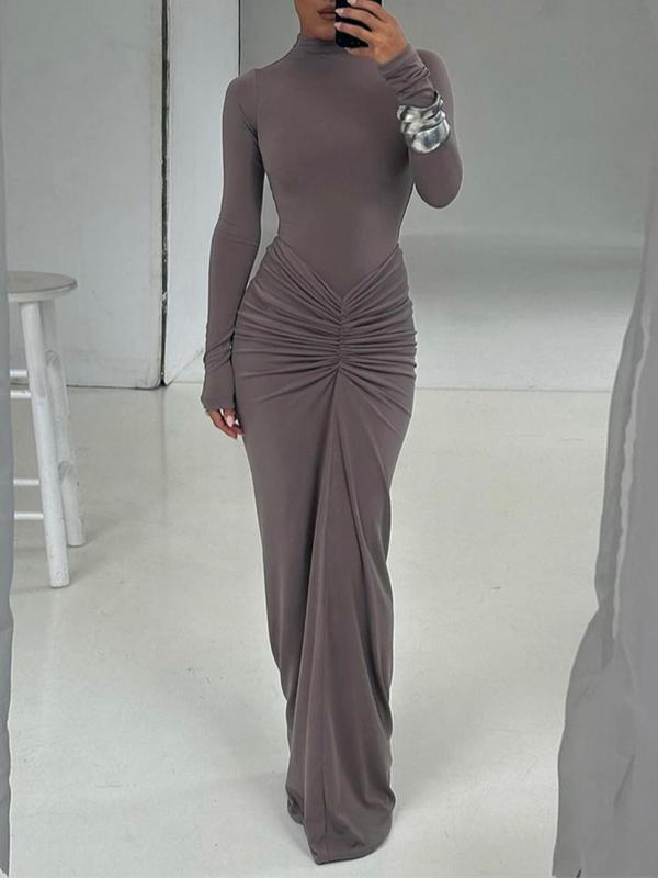 Augusta - Classy Ruched Long Sleeve Mock Bodycon Maxi Dress