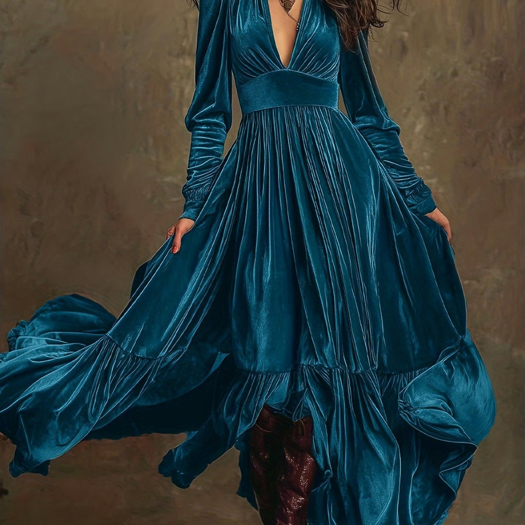 Mave - Retro Oversized Skirt Long Dress With Deep V-Neck