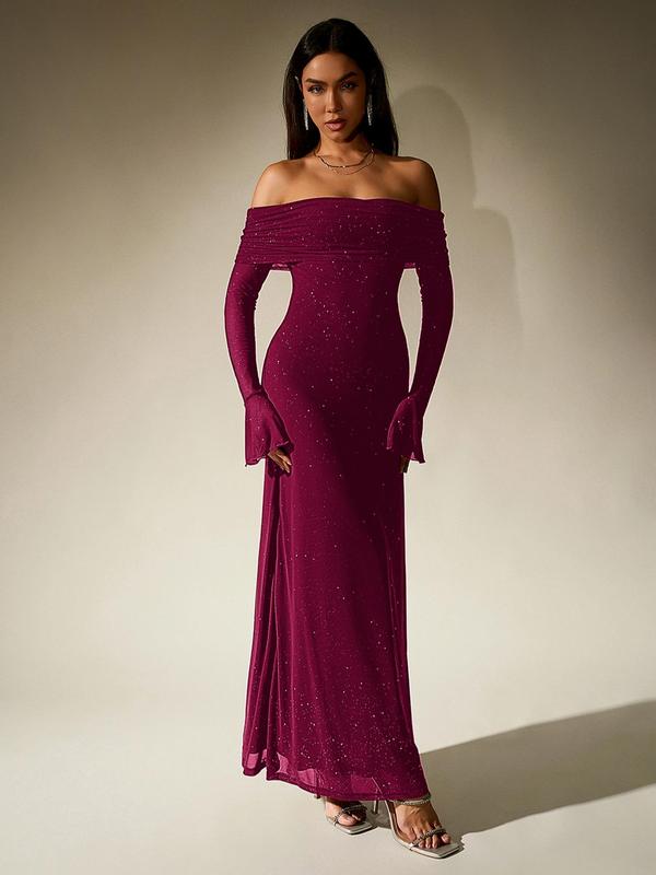 Audrey - Off Shoulder Ruched Sequin Bodycon Evening Gown