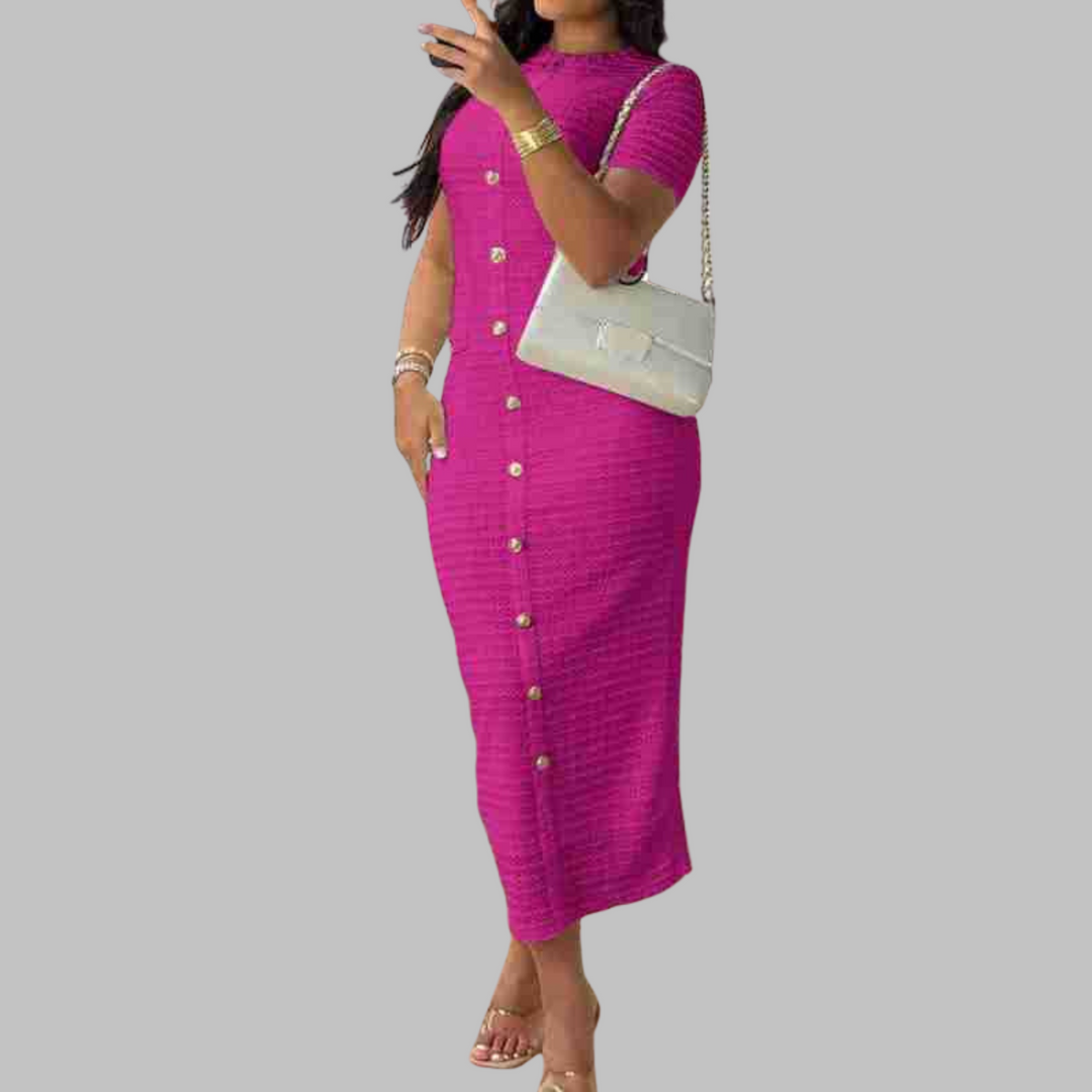 Lenora - Elegant Round Neck Fake Button Dress