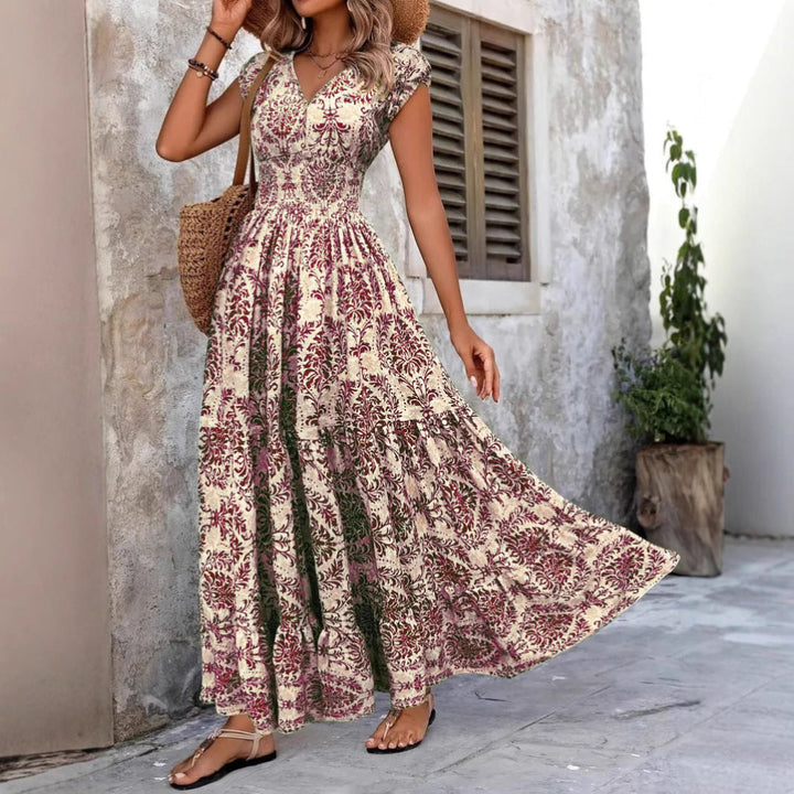 Clarice - Chic Summer V-Neck Shirred Boho Dress
