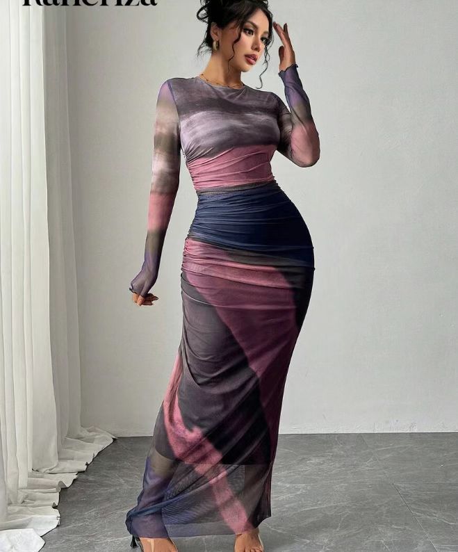 Josephine - Comfy Printed Long Sleeve Round Neck Bodycon Maxi Dress