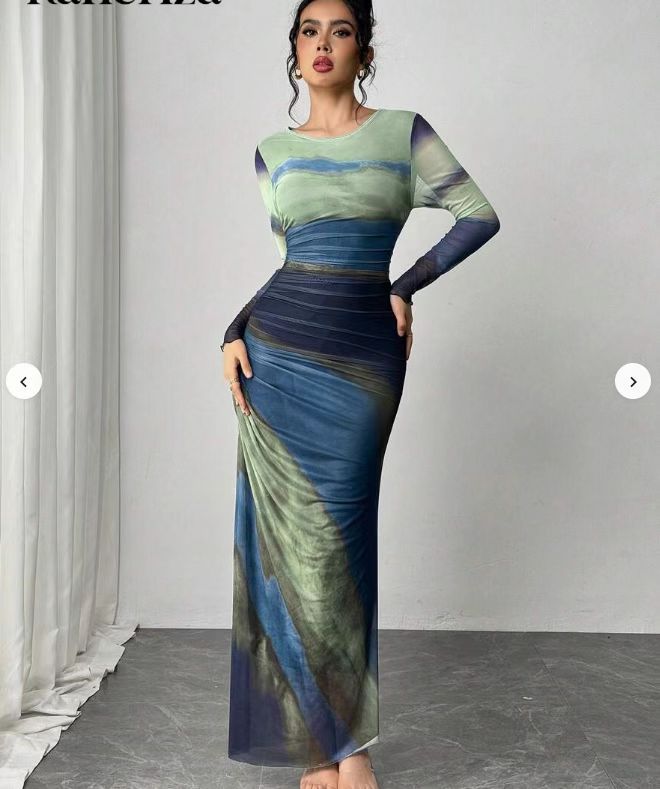 Josephine - Comfy Printed Long Sleeve Round Neck Bodycon Maxi Dress