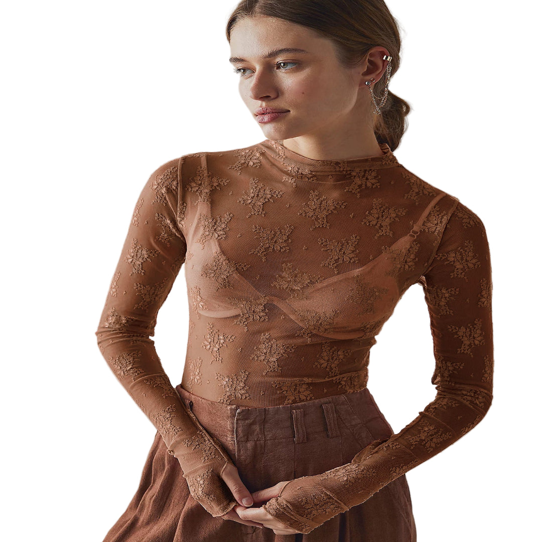 NOVY™ - Lace Mesh Long Sleeve Fitted Blouse