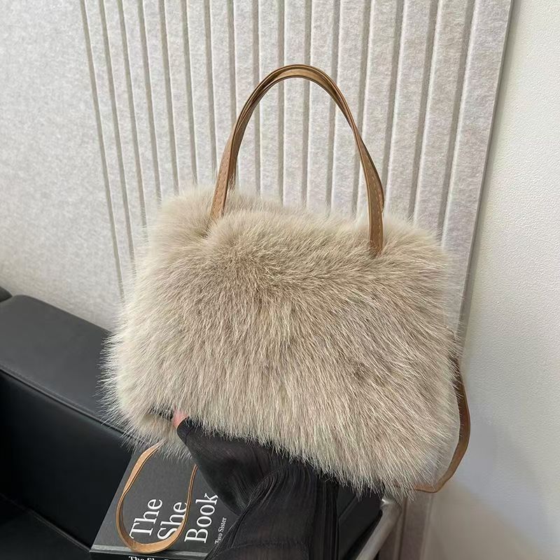 Teddy - Fashionable Imitation Fur Small Handbag with Grip Handle & Shoulder Strap