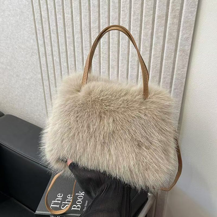 Teddy - Fashionable Imitation Fur Small Handbag with Grip Handle & Shoulder Strap