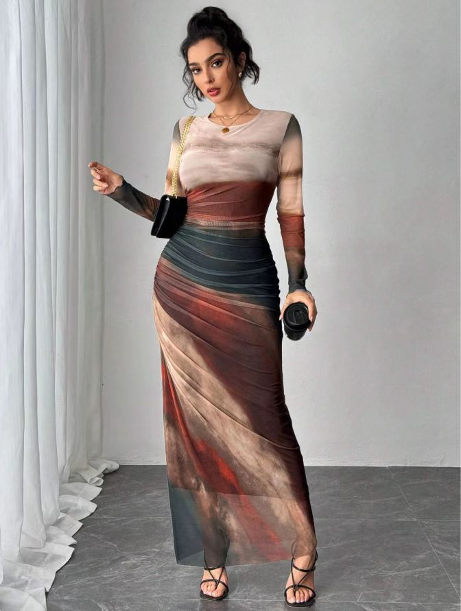 Josephine - Comfy Printed Long Sleeve Round Neck Bodycon Maxi Dress