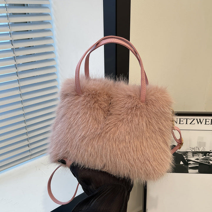 Teddy - Fashionable Imitation Fur Small Handbag with Grip Handle & Shoulder Strap