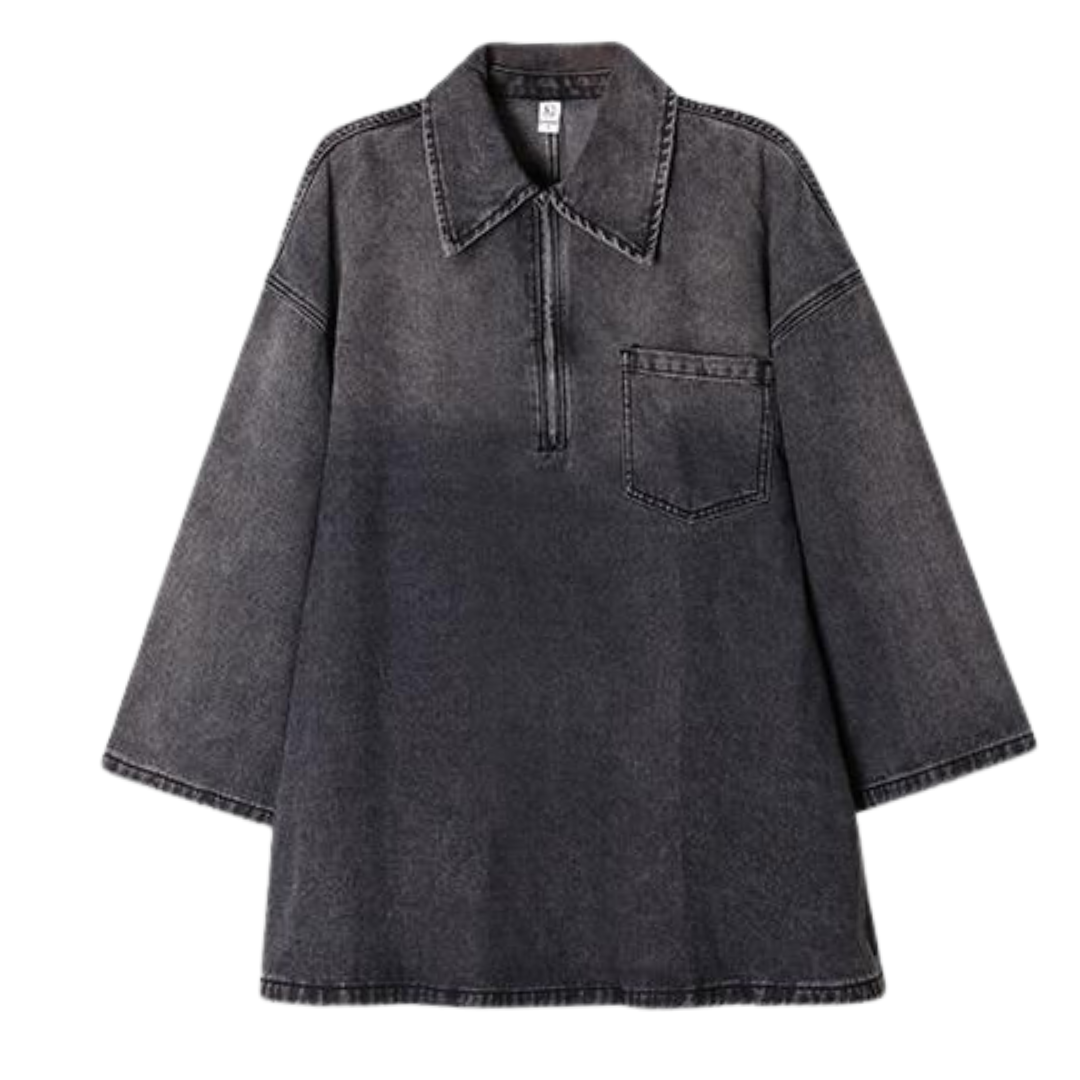Emilia - Loose Fit Denim Dress With Half-Zip Collared Neck
