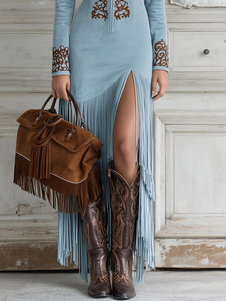 Montana Western Half-Zip Embroidered Faux Suede Fringe Maxi Dress