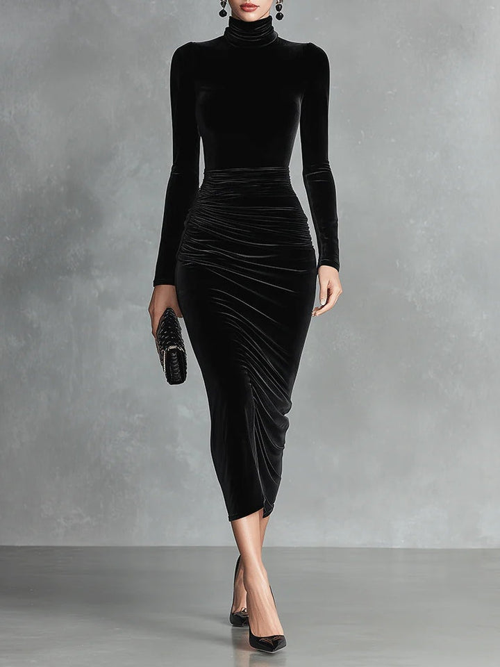 Raven | Black Velvet Elegant High-Neck Bodycon Dress