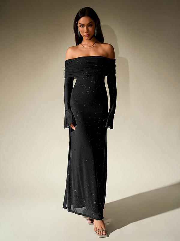 Audrey - Off Shoulder Ruched Sequin Bodycon Evening Gown