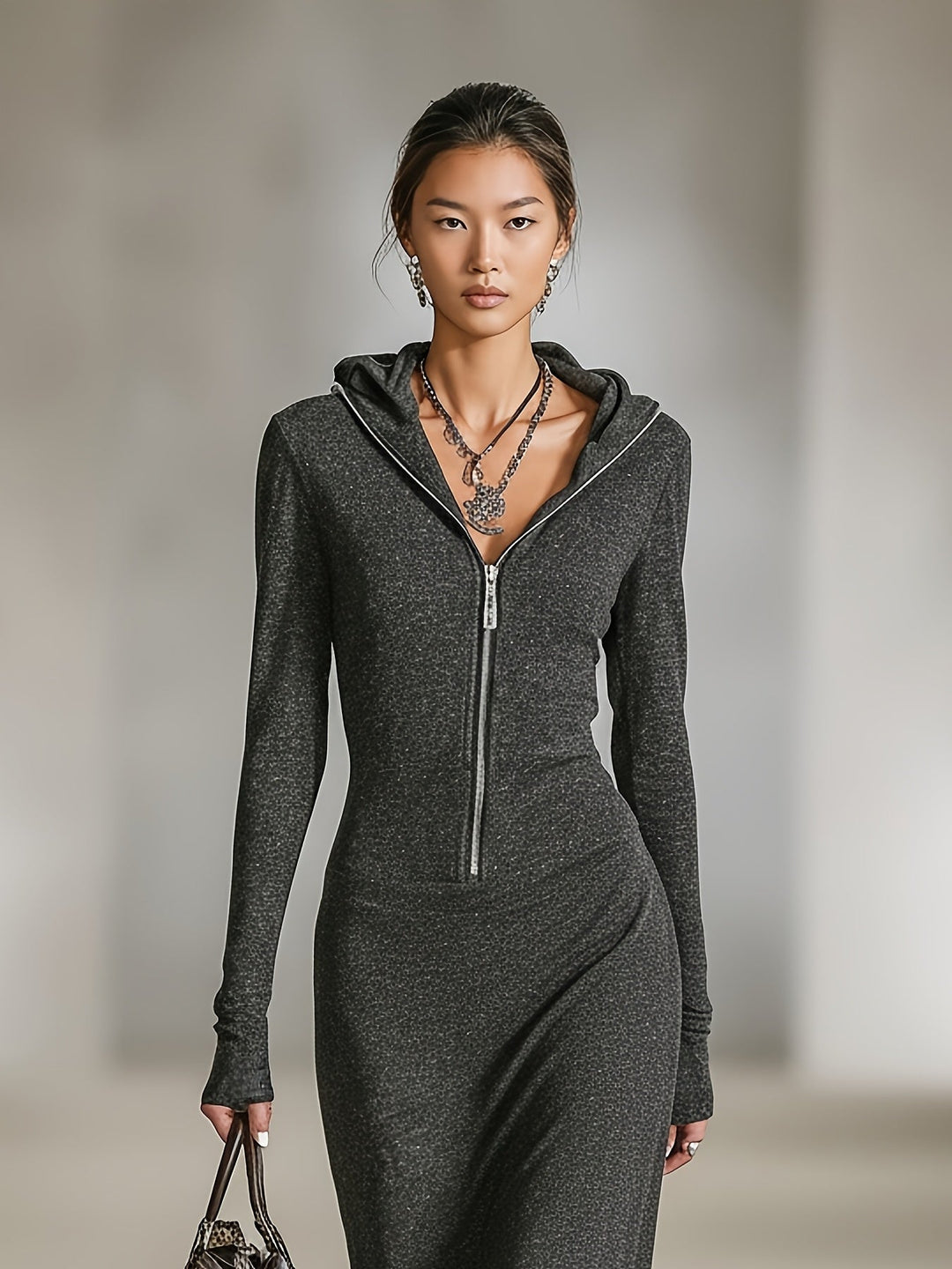 Lena - Long Sleeve Tunic Dress With Hood And Zipper Detail