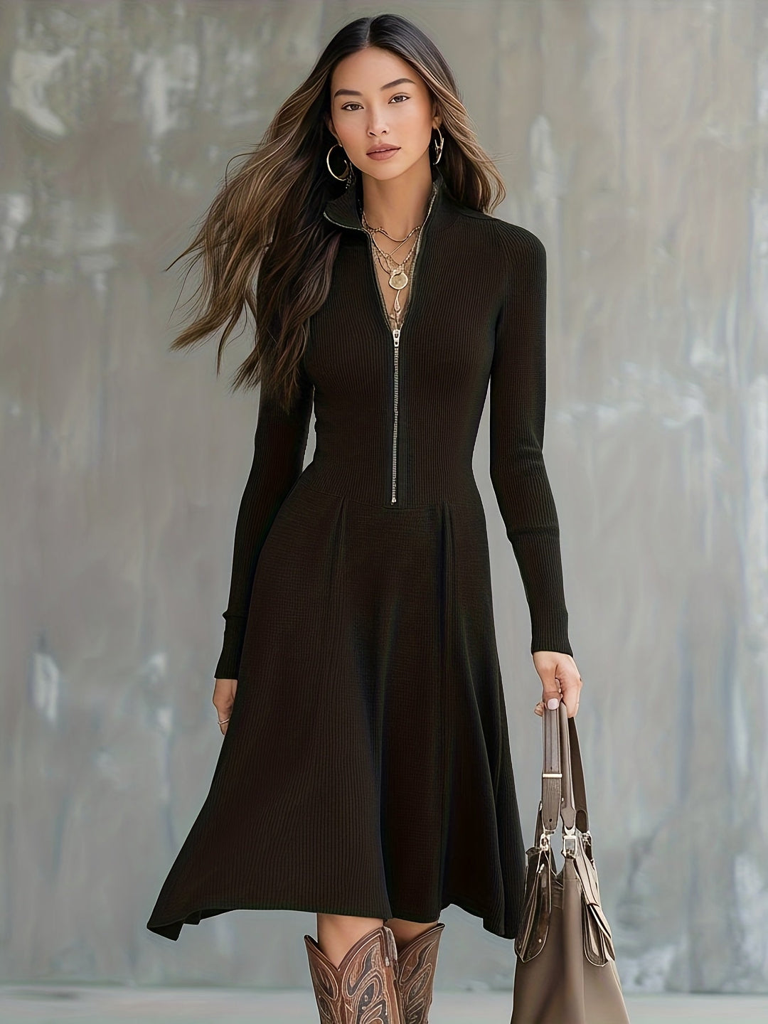 Leticia - Zippered Long Sleeve Dress With Stretch Fabric