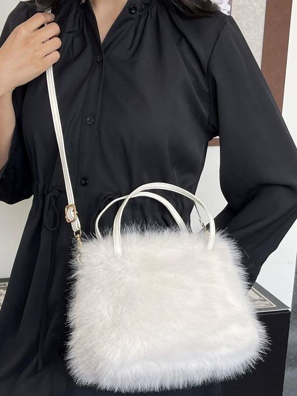 Teddy - Fashionable Imitation Fur Small Handbag with Grip Handle & Shoulder Strap